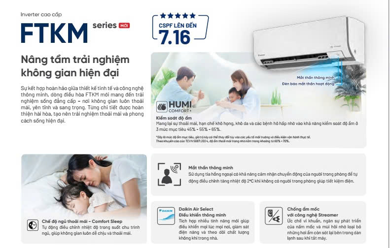 Máy lạnh treo tường Daikin FTKM cao cấp nâng tầm trải nghiệm không gian hiện đại